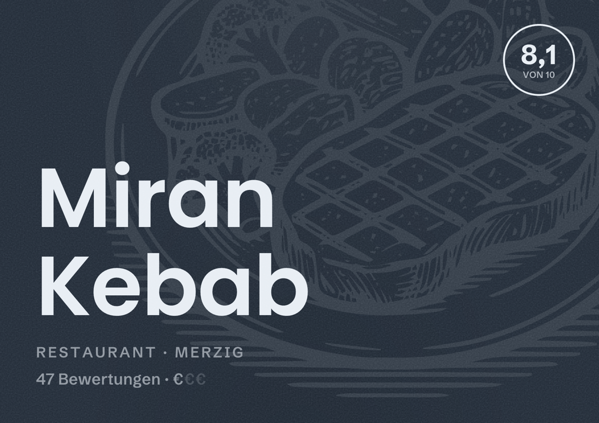 Illustriertes Poster von Miran Kebab, Restaurant in Merzig: Bewertung 8,1 von 10 aus 47 Bewertungen, Preisniveau €