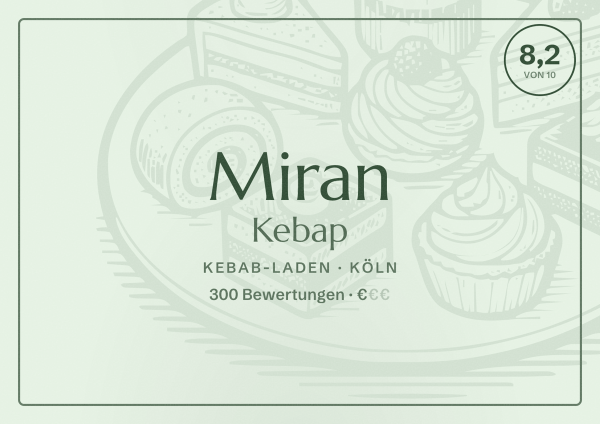 Illustriertes Poster von Miran Kebap, Kebab-Laden in Köln: Bewertung 8,2 von 10 aus 300 Bewertungen, Preisniveau €