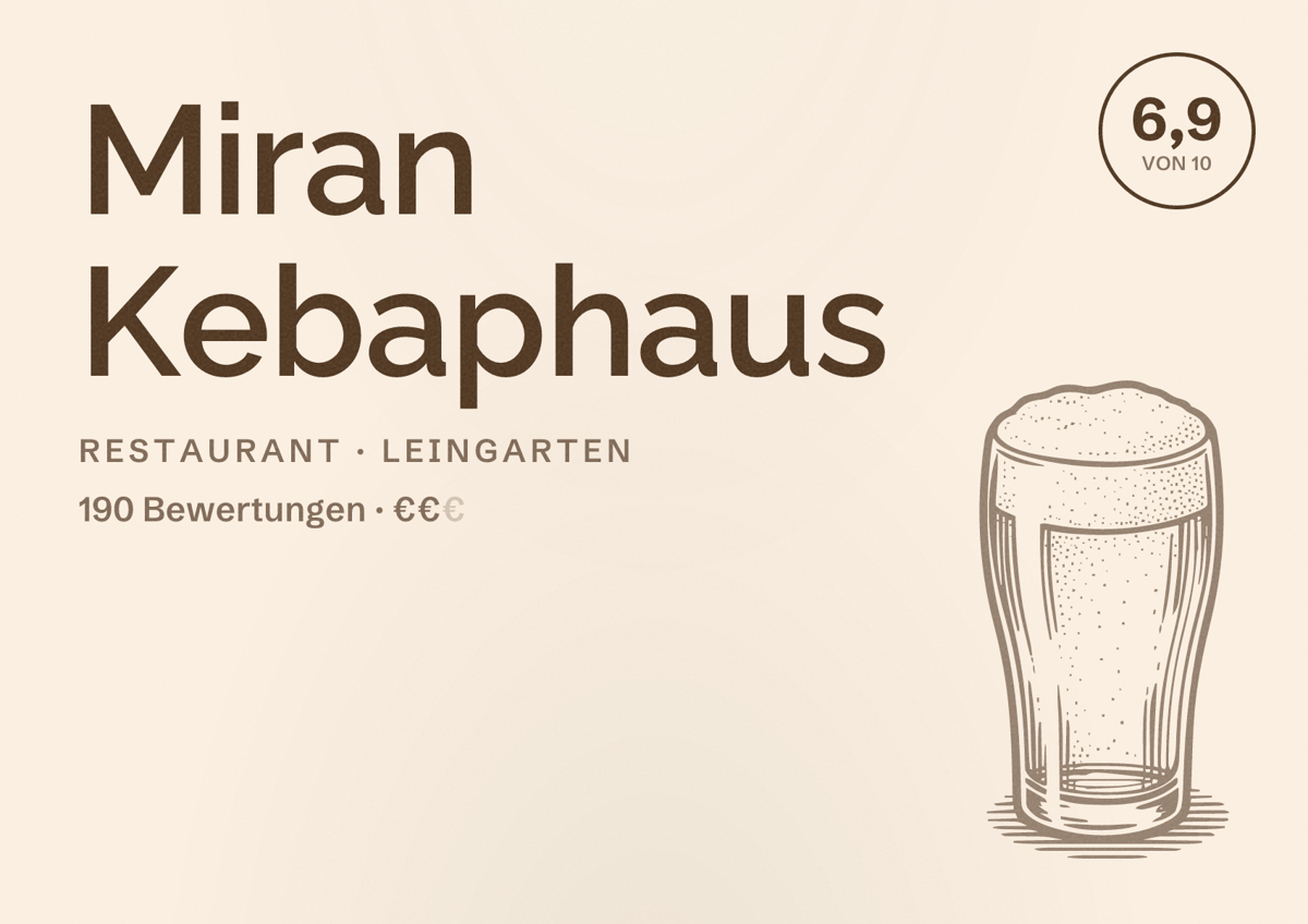 Illustriertes Poster von Miran Kebaphaus, Restaurant in Leingarten: Bewertung 6,9 von 10 aus 190 Bewertungen, Preisniveau €€