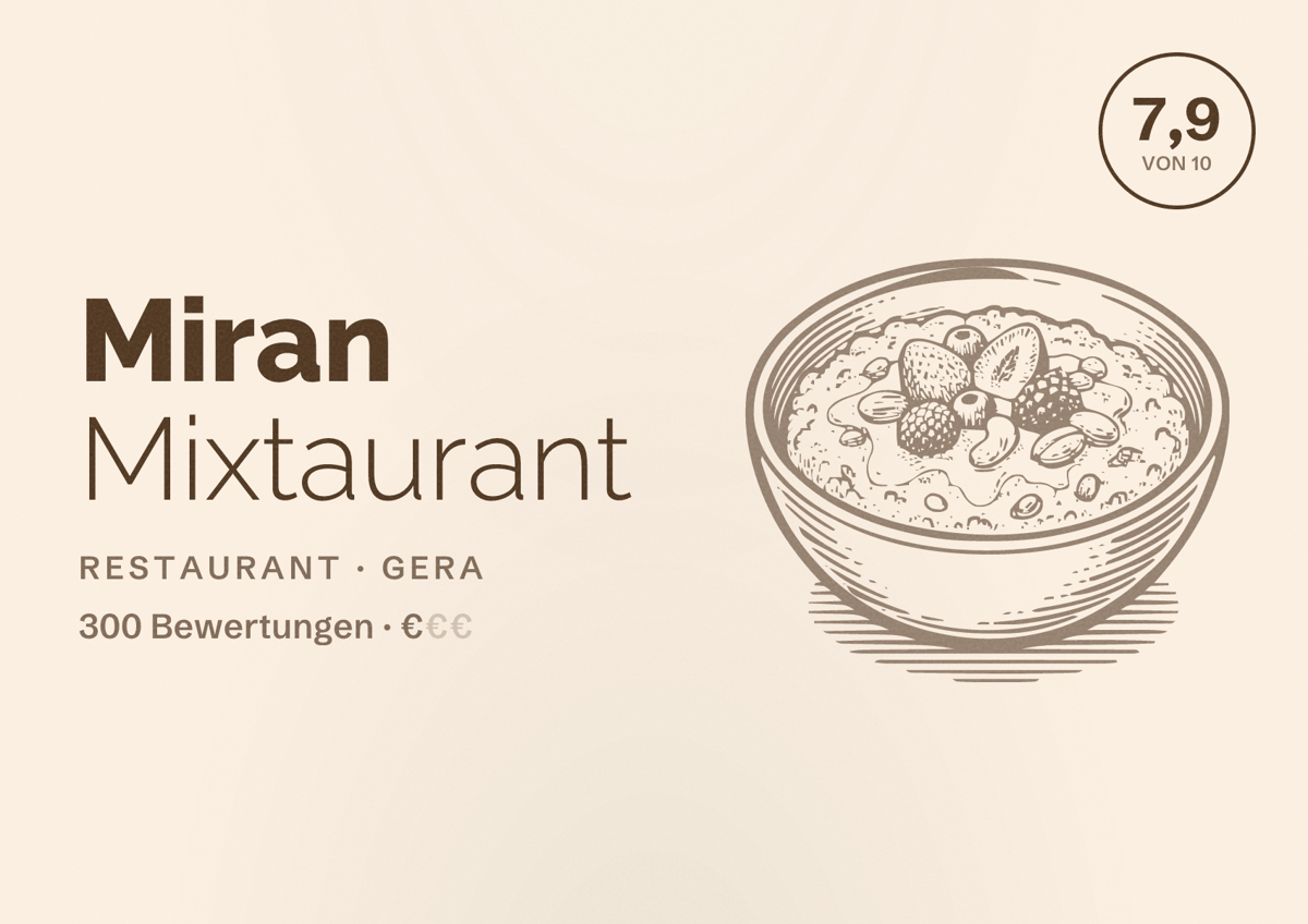Illustriertes Poster von Miran Mixtaurant, Restaurant in Gera: Bewertung 7,9 von 10 aus 300 Bewertungen, Preisniveau €