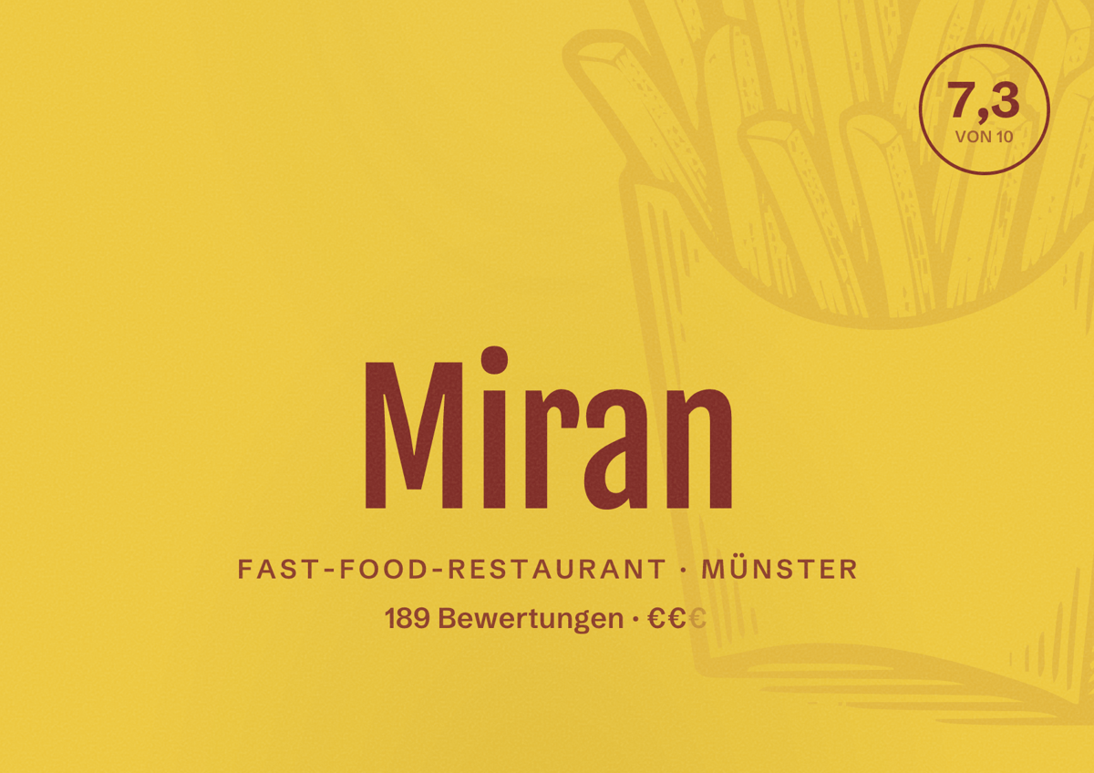 Illustriertes Poster von Miran, Fast-Food-Restaurant in Münster: Bewertung 7,3 von 10 aus 189 Bewertungen, Preisniveau €€