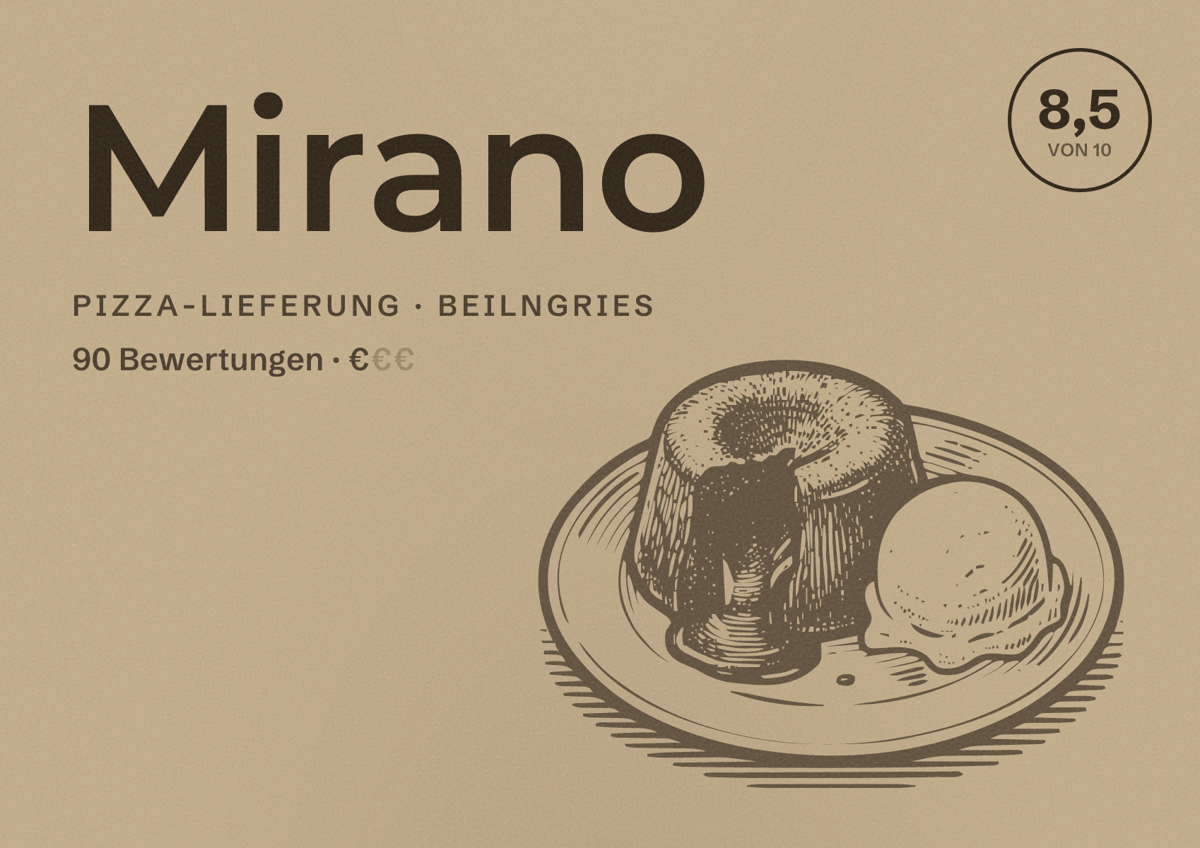Illustriertes Poster von Mirano, Pizza-Lieferung in Beilngries: Bewertung 8,5 von 10 aus 90 Bewertungen, Preisniveau €