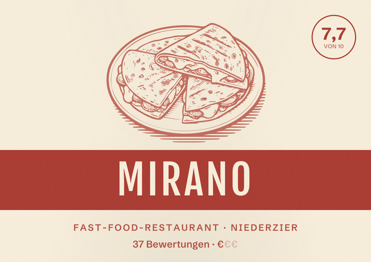 Illustriertes Poster von Mirano, Fast-Food-Restaurant in Niederzier: Bewertung 7,7 von 10 aus 37 Bewertungen, Preisniveau €