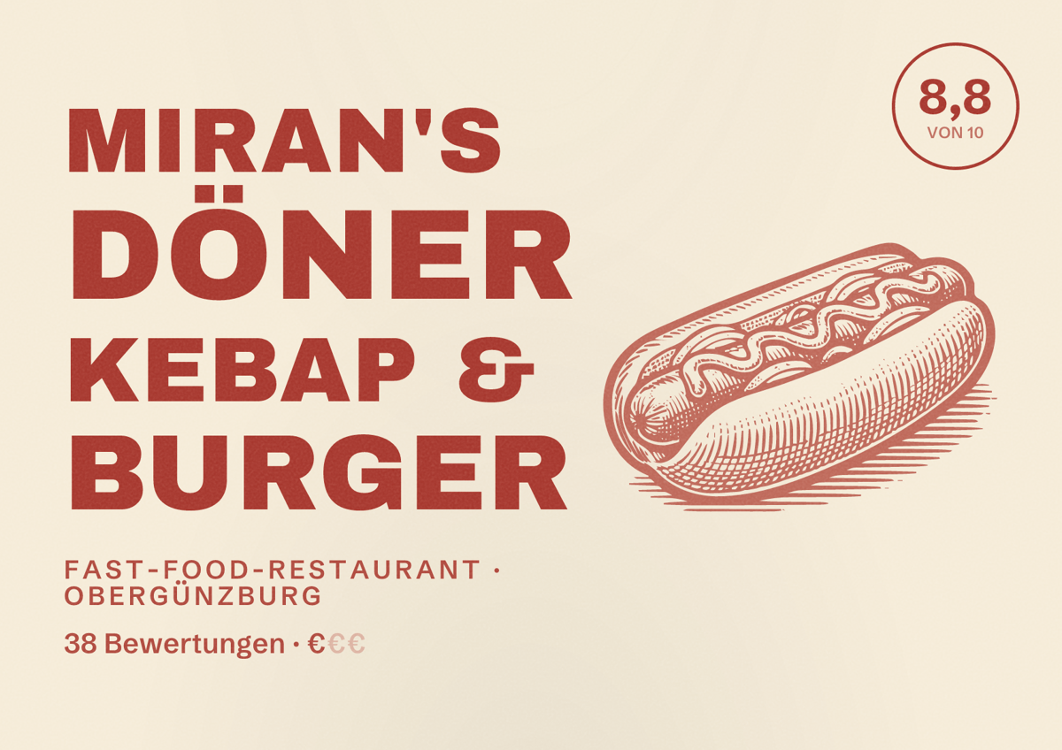 Illustriertes Poster von Miran's döner kebap & burger, Fast-Food-Restaurant in Obergünzburg: Bewertung 8,8 von 10 aus 38 Bewertungen, Preisniveau €