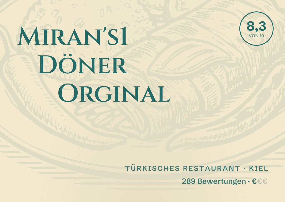 Illustriertes Poster von Miran's1 Döner Orginal, Türkisches Restaurant in Kiel: Bewertung 8,3 von 10 aus 289 Bewertungen, Preisniveau €