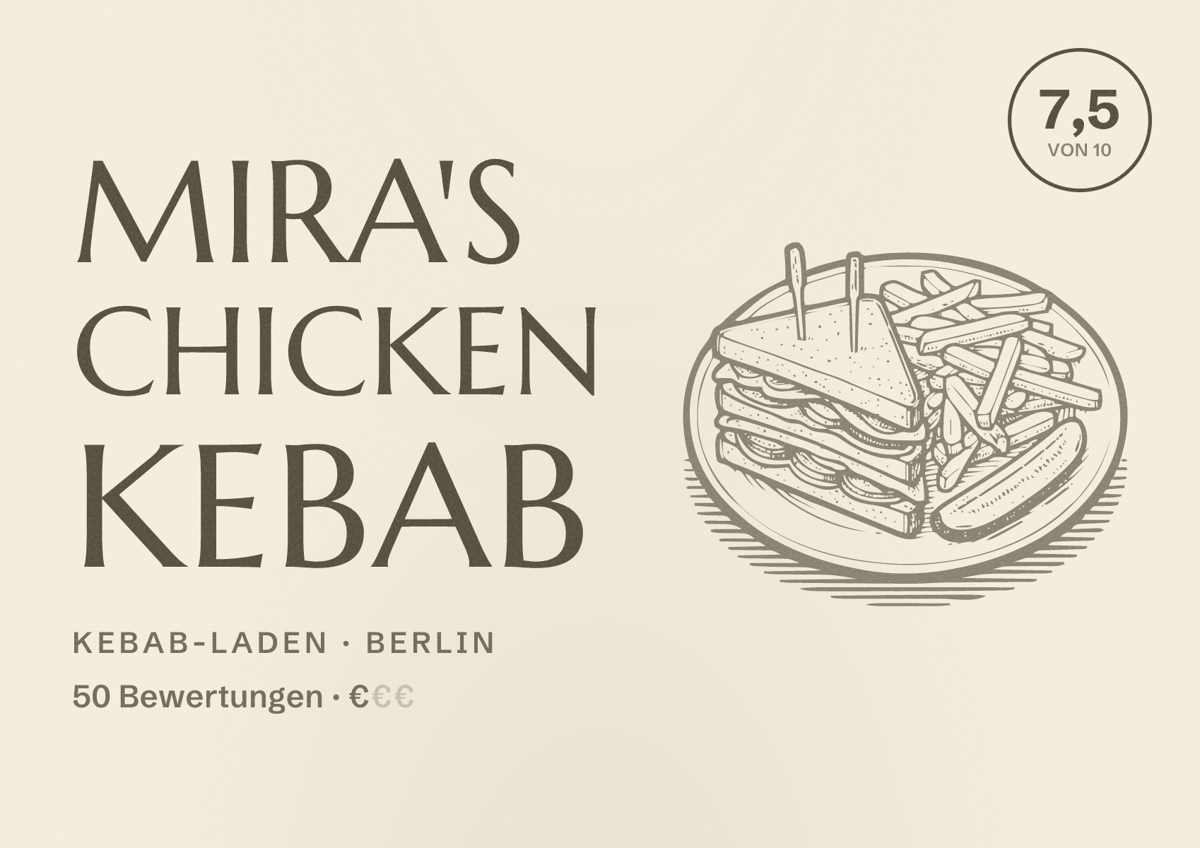 Illustriertes Poster von Mira's Chicken Kebab, Kebab-Laden in Berlin: Bewertung 7,5 von 10 aus 50 Bewertungen, Preisniveau €
