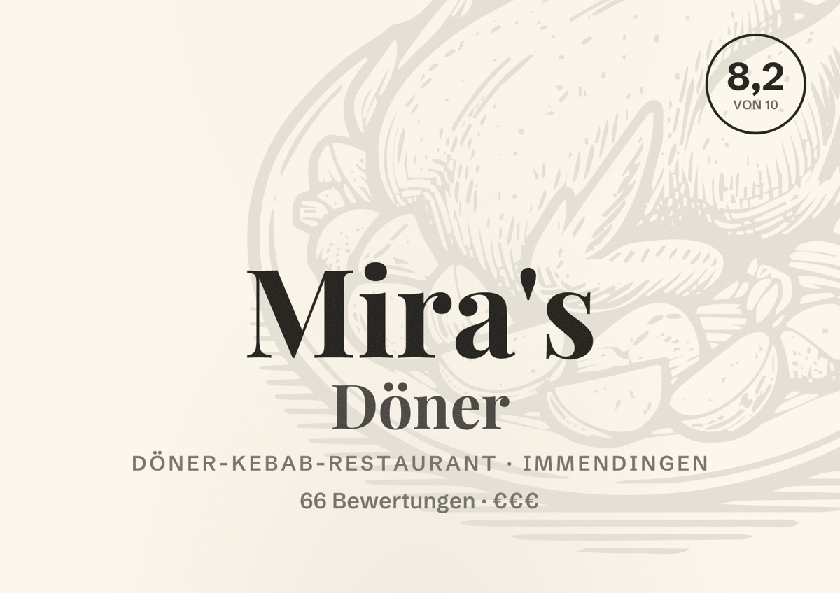 Illustriertes Poster von Mira's Döner, Döner-Kebab-Restaurant in Immendingen: Bewertung 8,2 von 10 aus 66 Bewertungen, Preisniveau €€€