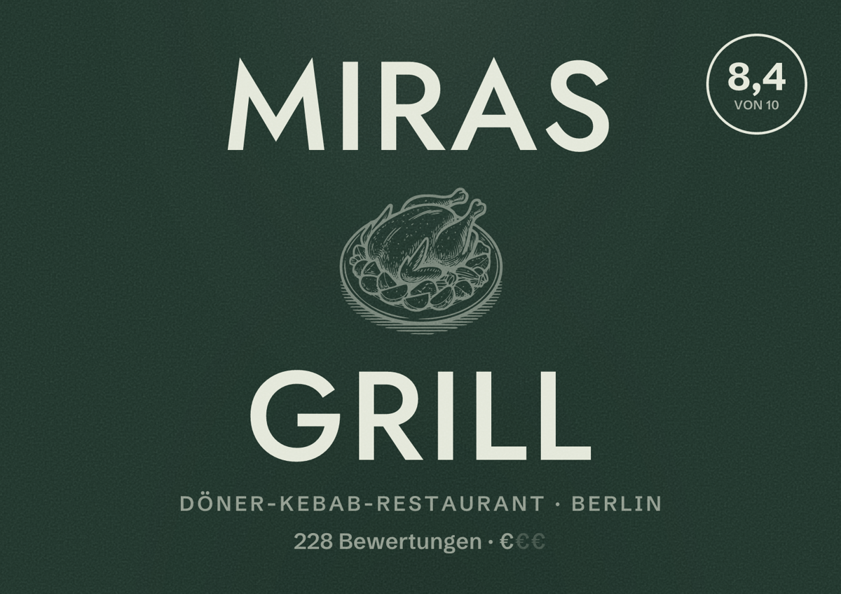 Illustriertes Poster von Miras Grill, Döner-Kebab-Restaurant in Berlin: Bewertung 8,4 von 10 aus 228 Bewertungen, Preisniveau €
