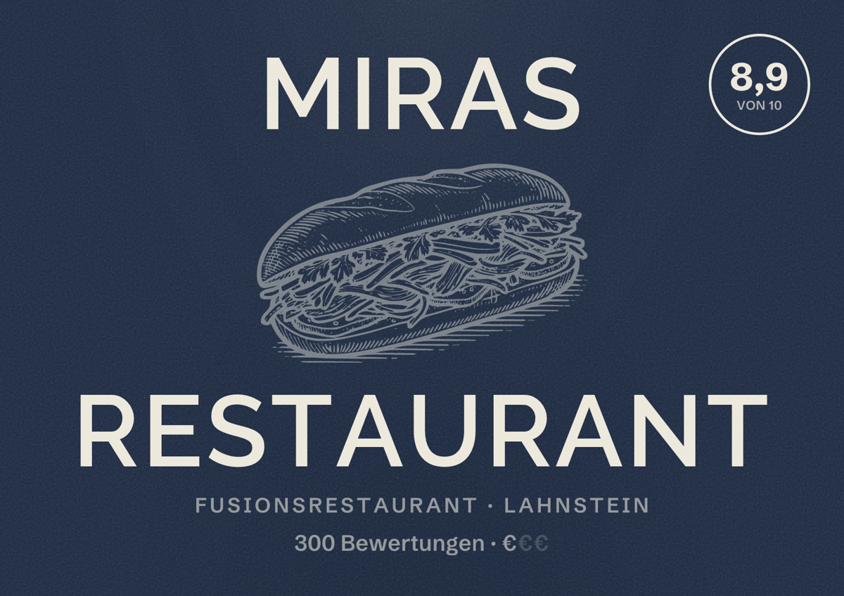 Illustriertes Poster von Miras Restaurant, Fusionsrestaurant in Lahnstein: Bewertung 8,9 von 10 aus 300 Bewertungen, Preisniveau €