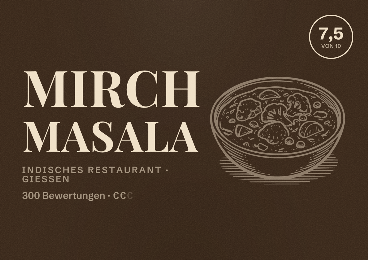 Illustriertes Poster von Mirch Masala, Indisches Restaurant in Gießen: Bewertung 7,5 von 10 aus 300 Bewertungen, Preisniveau €€