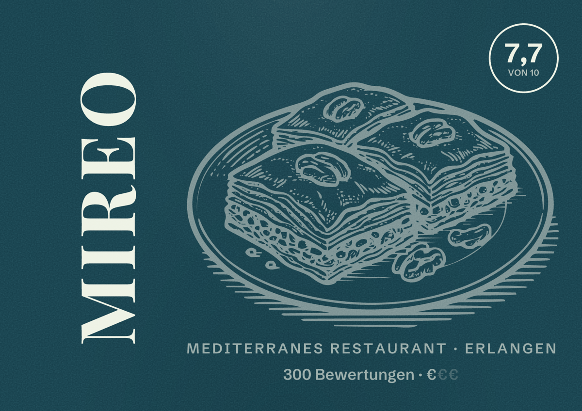 Illustriertes Poster von Mireo, Mediterranes Restaurant in Erlangen: Bewertung 7,7 von 10 aus 300 Bewertungen, Preisniveau €