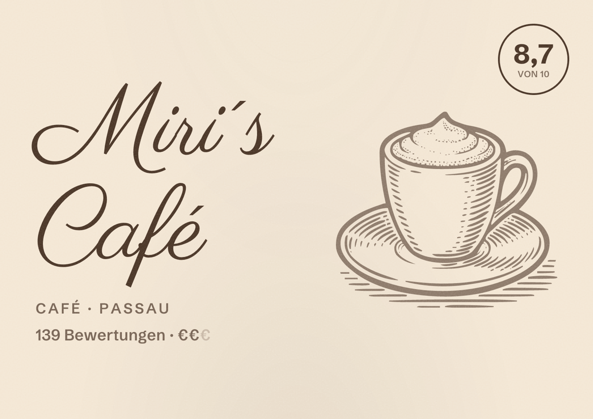 Illustriertes Poster von Miri´s Café, Café in Passau: Bewertung 8,7 von 10 aus 139 Bewertungen, Preisniveau €€