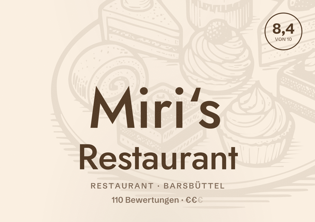 Illustriertes Poster von Miri‘s Restaurant, Restaurant in Barsbüttel: Bewertung 8,4 von 10 aus 110 Bewertungen, Preisniveau €€