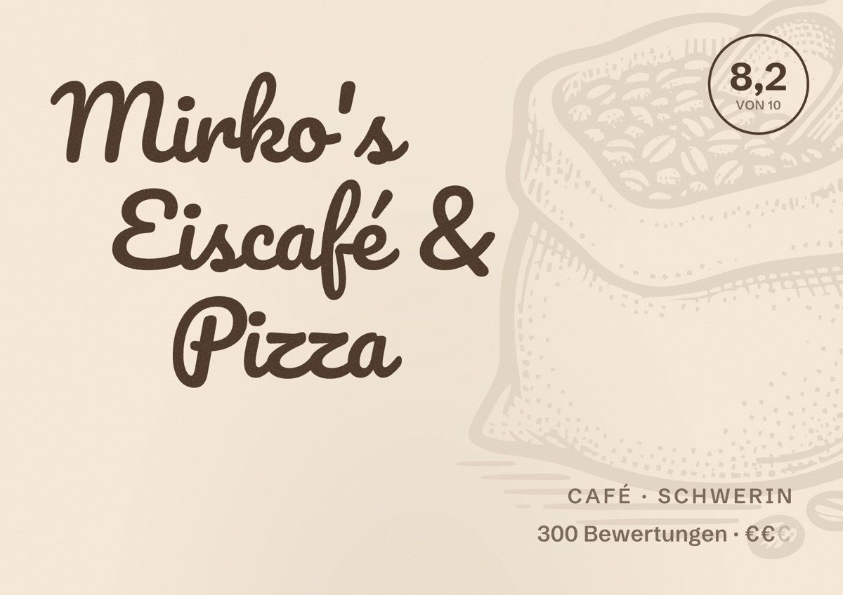 Illustriertes Poster von Mirko's Eiscafé & Pizza, Café in Schwerin: Bewertung 8,2 von 10 aus 300 Bewertungen, Preisniveau €€