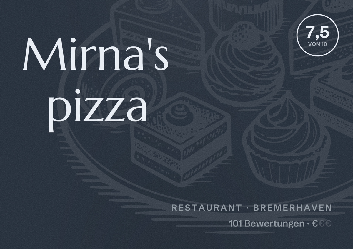 Illustriertes Poster von Mirna's pizza, Restaurant in Bremerhaven: Bewertung 7,5 von 10 aus 101 Bewertungen, Preisniveau €