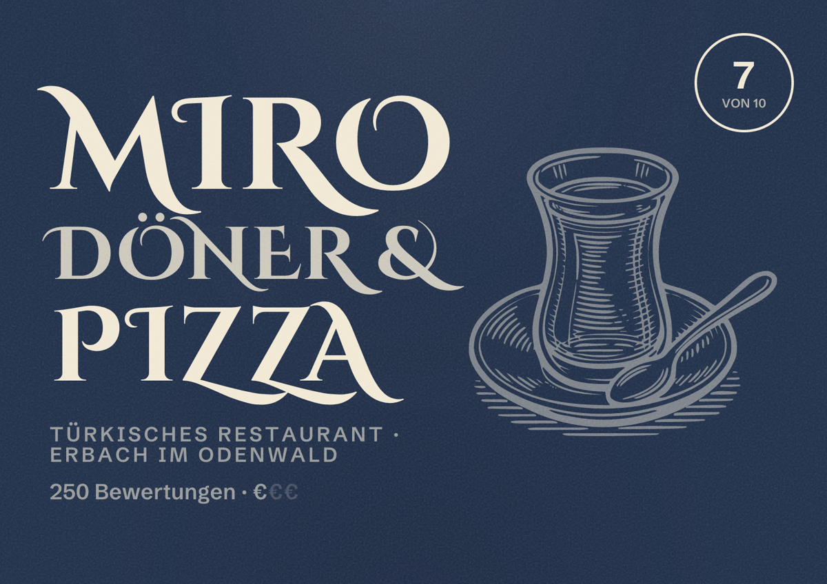 Illustriertes Poster von Miro Döner & Pizza, Türkisches Restaurant in Erbach im Odenwald: Bewertung 7 von 10 aus 250 Bewertungen, Preisniveau €