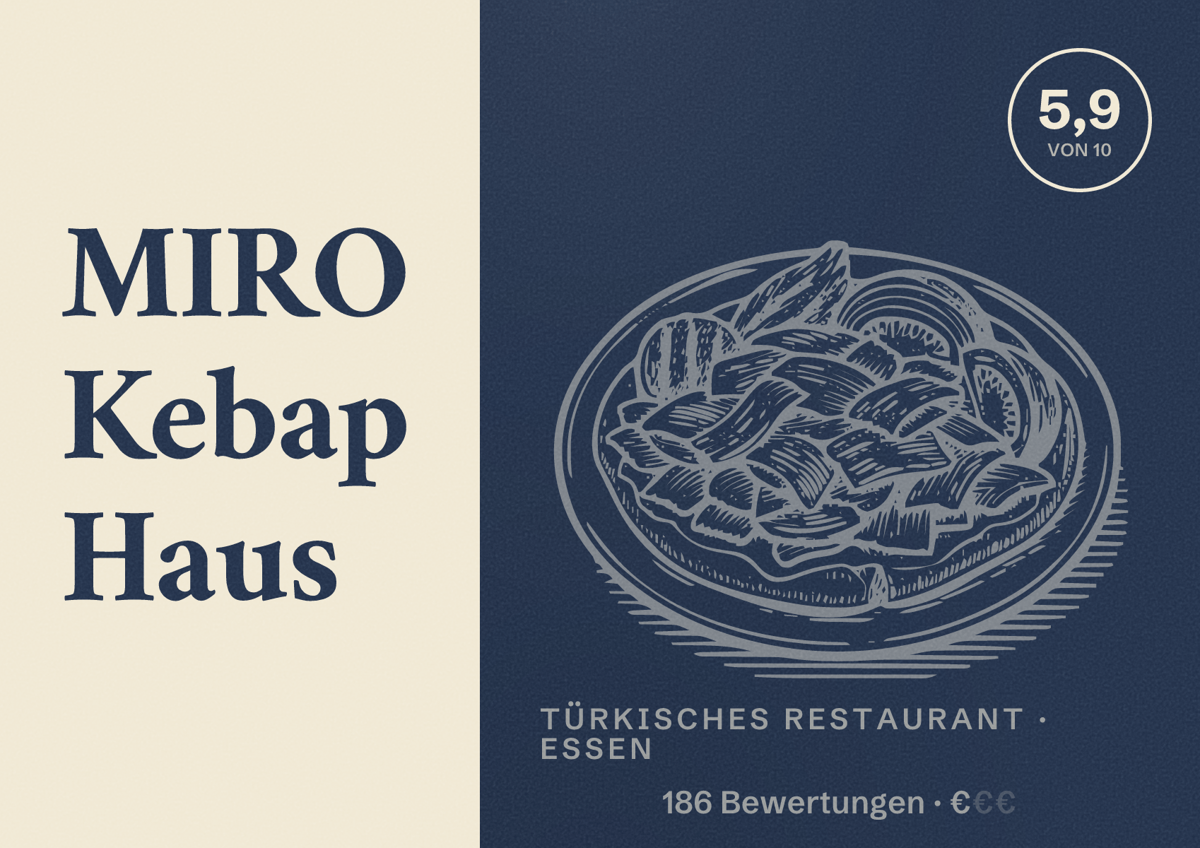Illustriertes Poster von MIRO Kebap Haus, Türkisches Restaurant in Essen: Bewertung 5,9 von 10 aus 186 Bewertungen, Preisniveau €