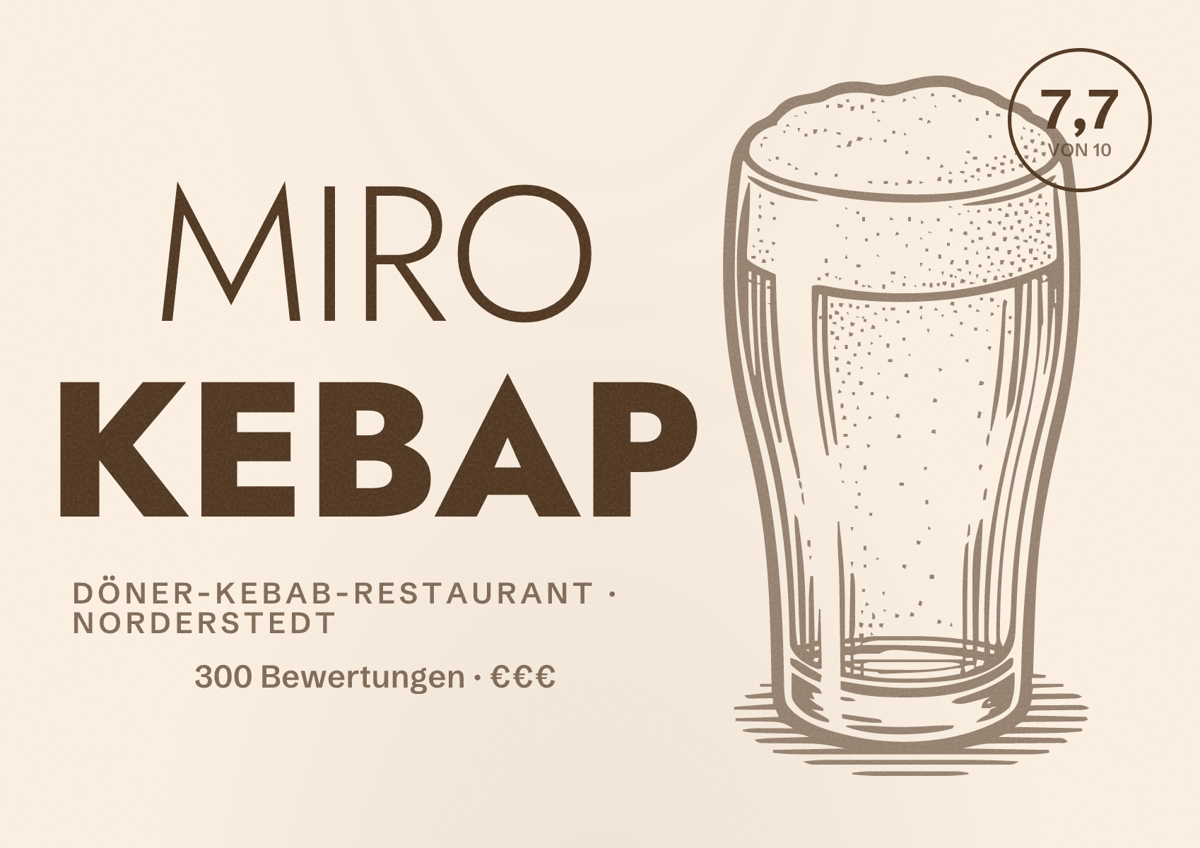 Illustriertes Poster von MIRO KEBAP, Döner-Kebab-Restaurant in Norderstedt: Bewertung 7,7 von 10 aus 300 Bewertungen, Preisniveau €€€