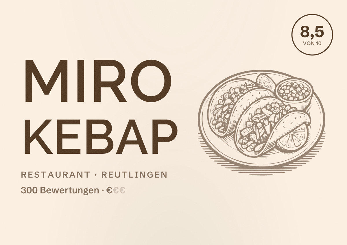 Illustriertes Poster von Miro Kebap, Restaurant in Reutlingen: Bewertung 8,5 von 10 aus 300 Bewertungen, Preisniveau €