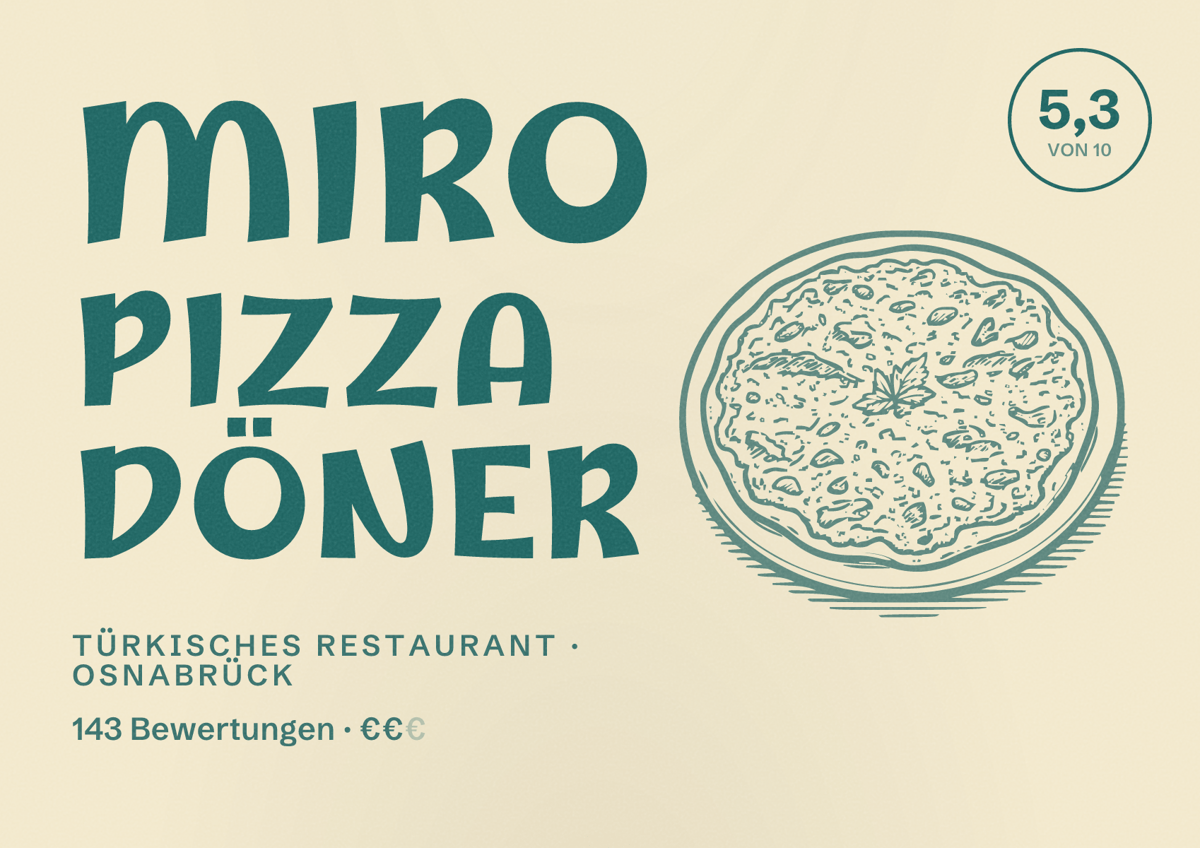 Illustriertes Poster von MIRO Pizza Döner, Türkisches Restaurant in Osnabrück: Bewertung 5,3 von 10 aus 143 Bewertungen, Preisniveau €€