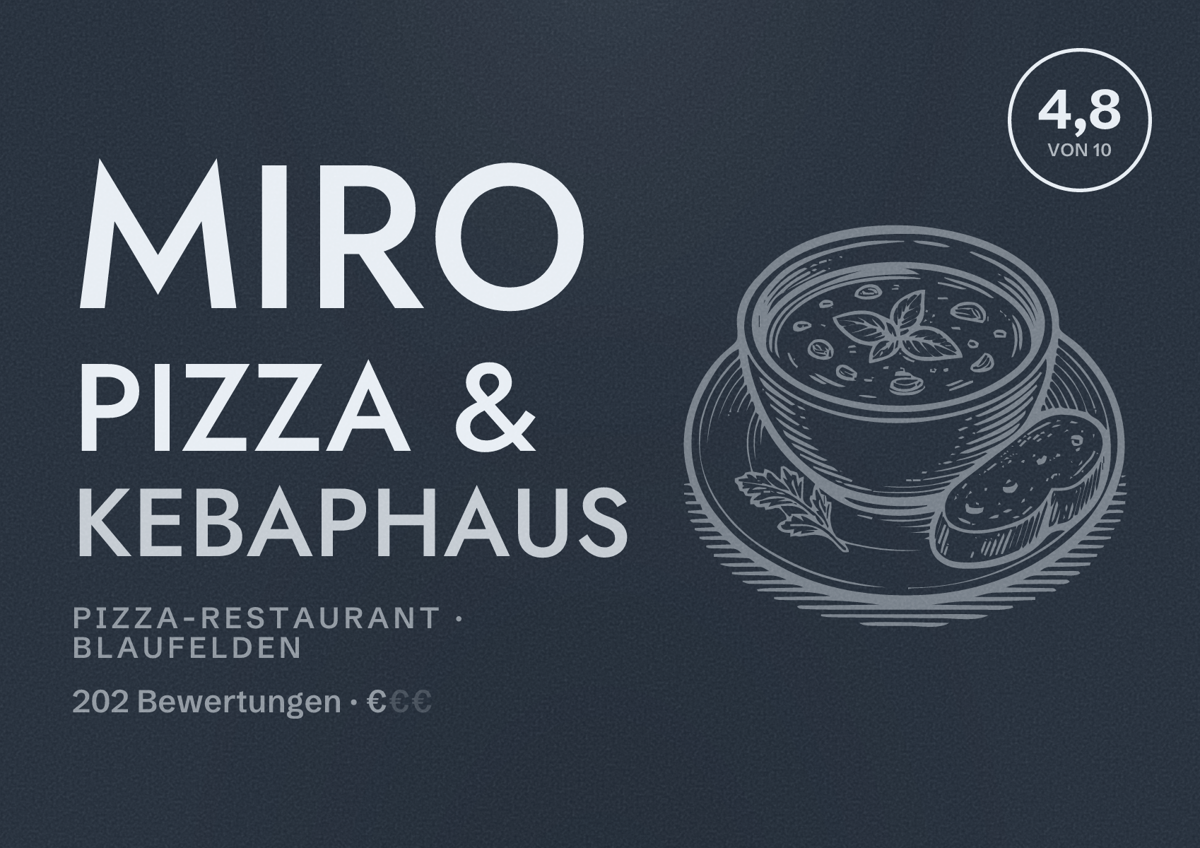 Illustriertes Poster von Miro Pizza & Kebaphaus, Pizza-Restaurant in Blaufelden: Bewertung 4,8 von 10 aus 202 Bewertungen, Preisniveau €
