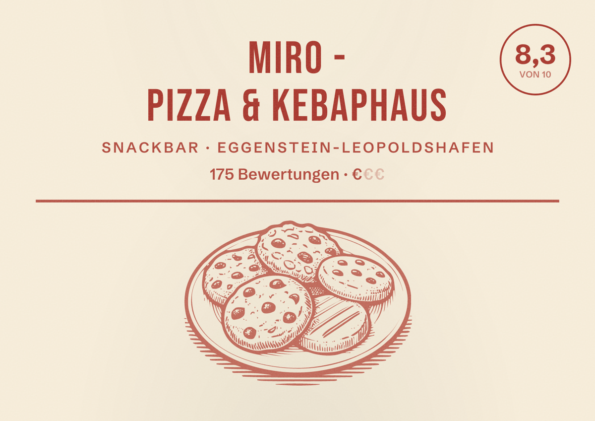 Illustriertes Poster von MIRO - PIZZA & KEBAPHAUS, Snackbar in Eggenstein-Leopoldshafen: Bewertung 8,3 von 10 aus 175 Bewertungen, Preisniveau €