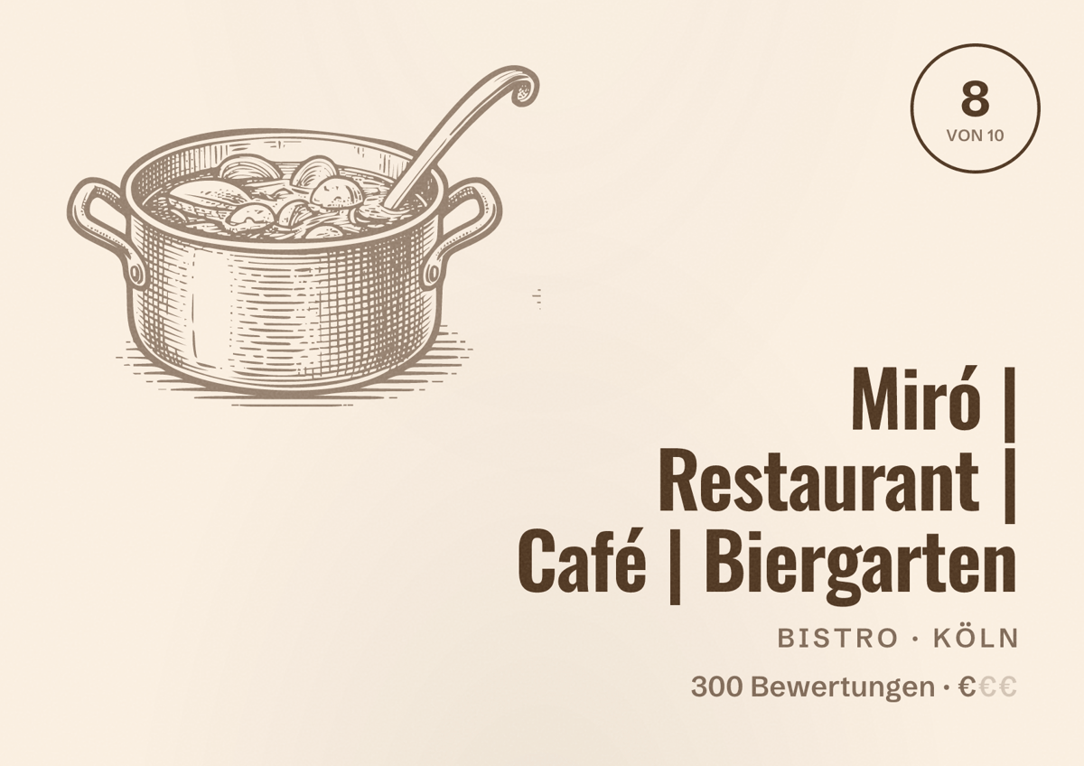 Illustriertes Poster von Miró | Restaurant | Café | Biergarten, Bistro in Köln: Bewertung 8,0 von 10 aus 300 Bewertungen, Preisniveau €