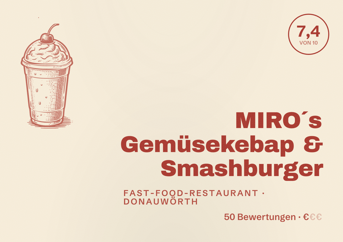 Illustriertes Poster von MIRO´s Gemüsekebap & Smashburger, Fast-Food-Restaurant in Donauwörth: Bewertung 7,4 von 10 aus 50 Bewertungen, Preisniveau €