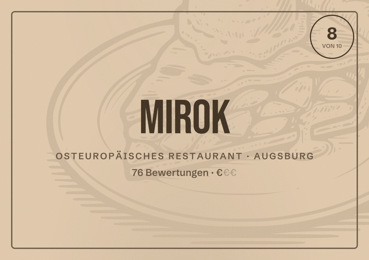Illustriertes Poster von MirOK, Osteuropäisches Restaurant in Augsburg: Bewertung 8,0 von 10 aus 76 Bewertungen, Preisniveau €