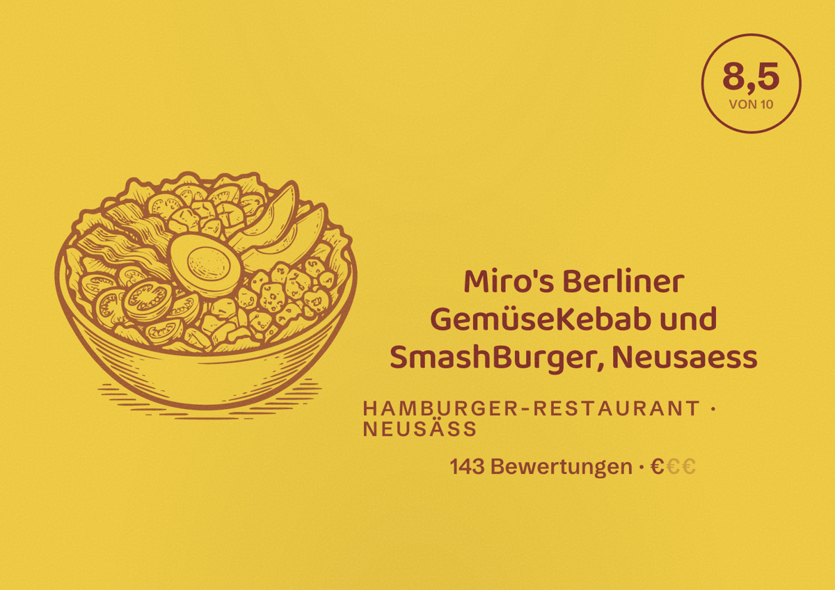 Illustriertes Poster von Miro's Berliner GemüseKebab und SmashBurger, Neusaess, Hamburger-Restaurant in Neusäß: Bewertung 8,5 von 10 aus 143 Bewertungen, Preisniveau €