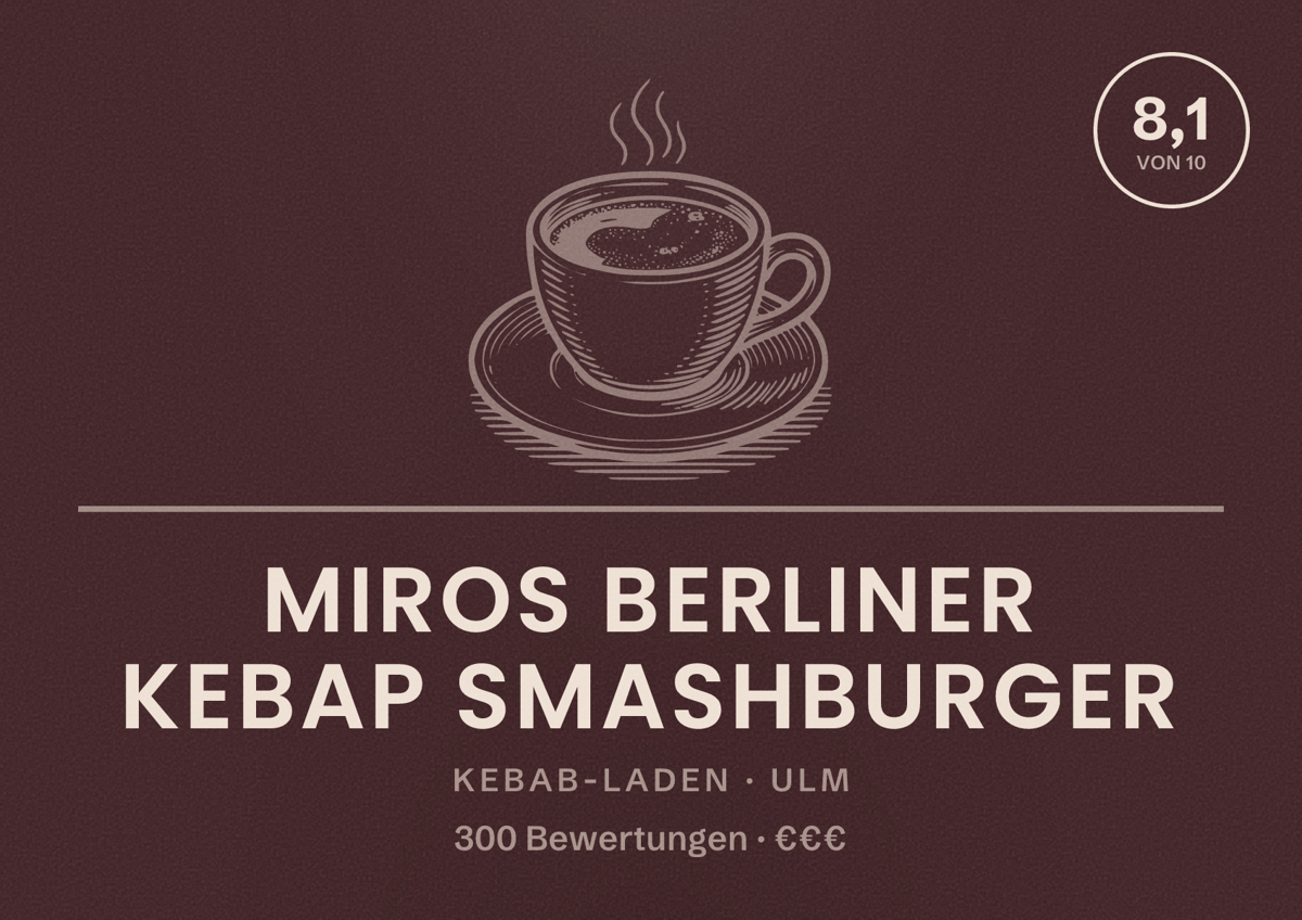 Illustriertes Poster von Miros Berliner Kebap Smashburger, Kebab-Laden in Ulm: Bewertung 8,1 von 10 aus 300 Bewertungen, Preisniveau €€€