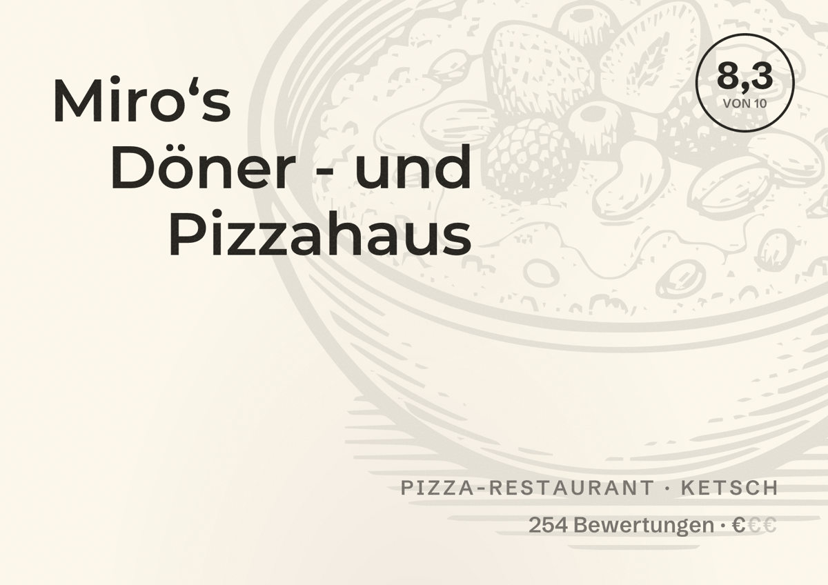 Illustriertes Poster von Miro‘s Döner - und Pizzahaus, Pizza-Restaurant in Ketsch: Bewertung 8,3 von 10 aus 254 Bewertungen, Preisniveau €
