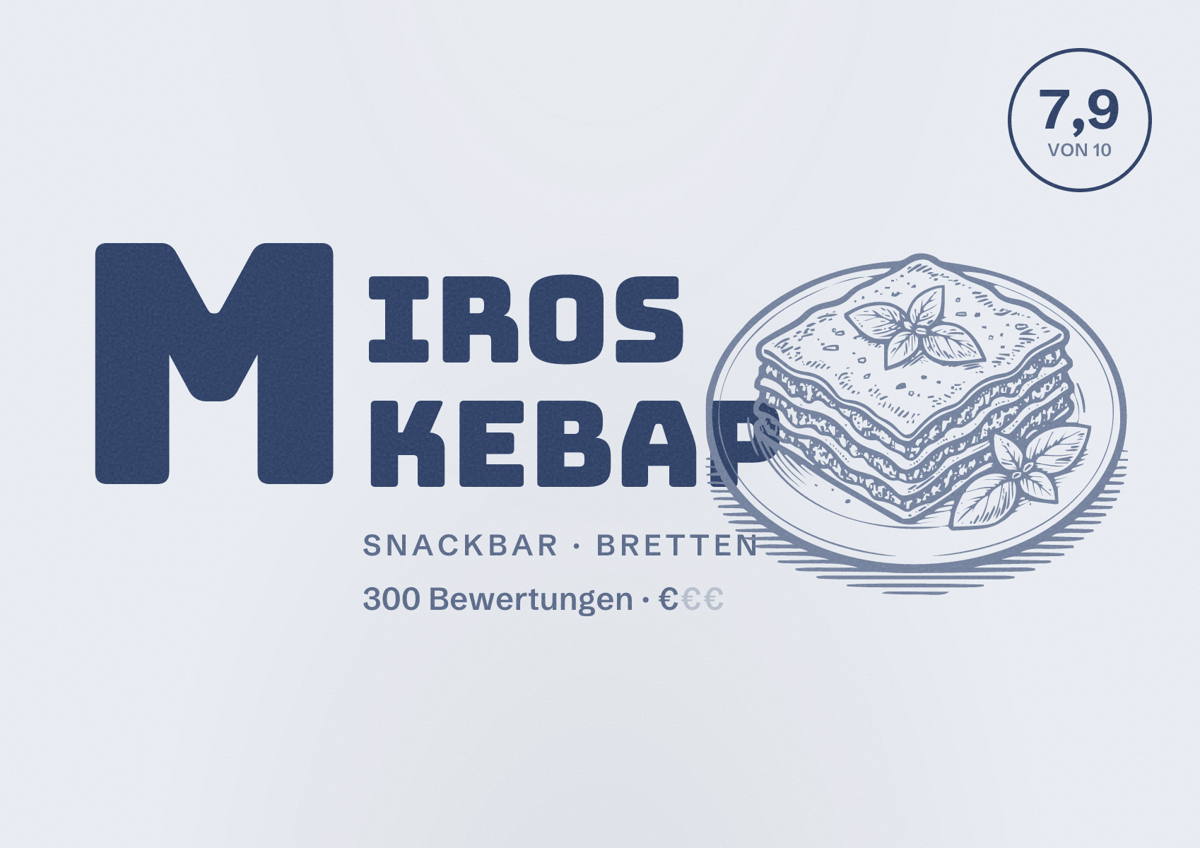 Illustriertes Poster von Miros Kebap, Snackbar in Bretten: Bewertung 7,9 von 10 aus 300 Bewertungen, Preisniveau €
