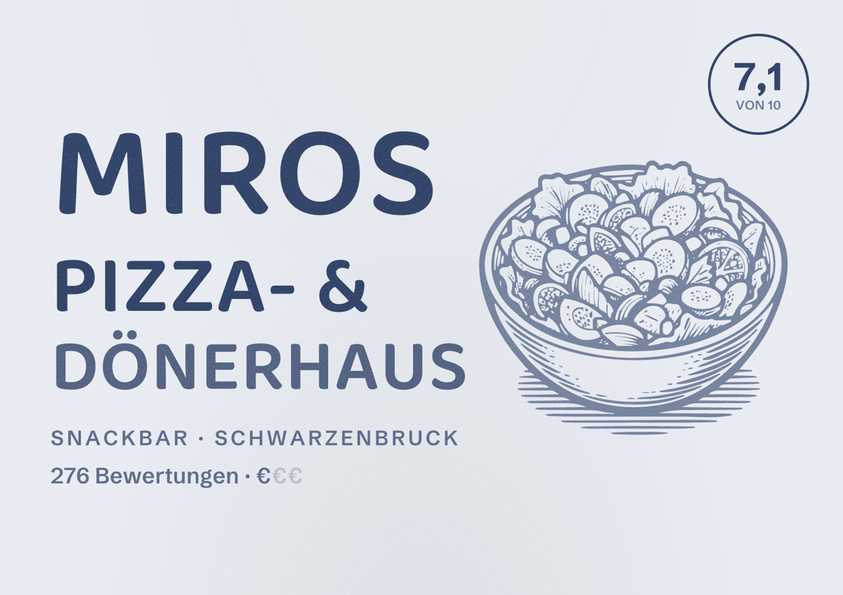 Illustriertes Poster von Miros Pizza- & Dönerhaus, Snackbar in Schwarzenbruck: Bewertung 7,1 von 10 aus 276 Bewertungen, Preisniveau €