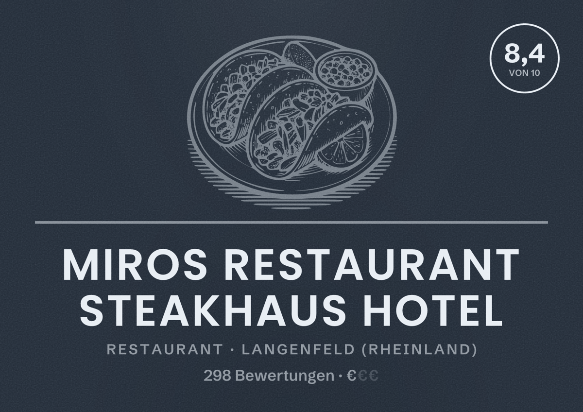 Illustriertes Poster von Miros Restaurant Steakhaus Hotel, Restaurant in Langenfeld (Rheinland): Bewertung 8,4 von 10 aus 298 Bewertungen, Preisniveau €