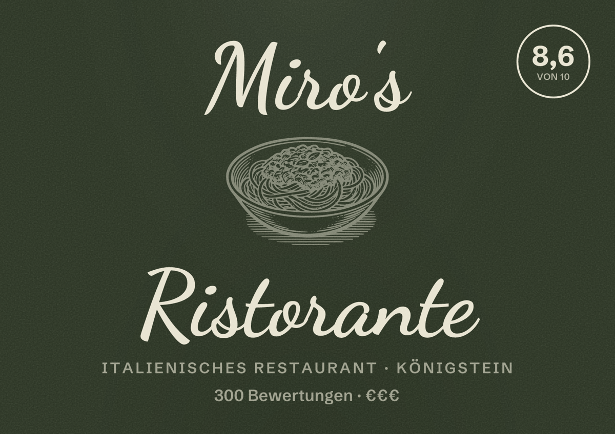 Illustriertes Poster von Miro's Ristorante, Italienisches Restaurant in Königstein: Bewertung 8,6 von 10 aus 300 Bewertungen, Preisniveau €€€