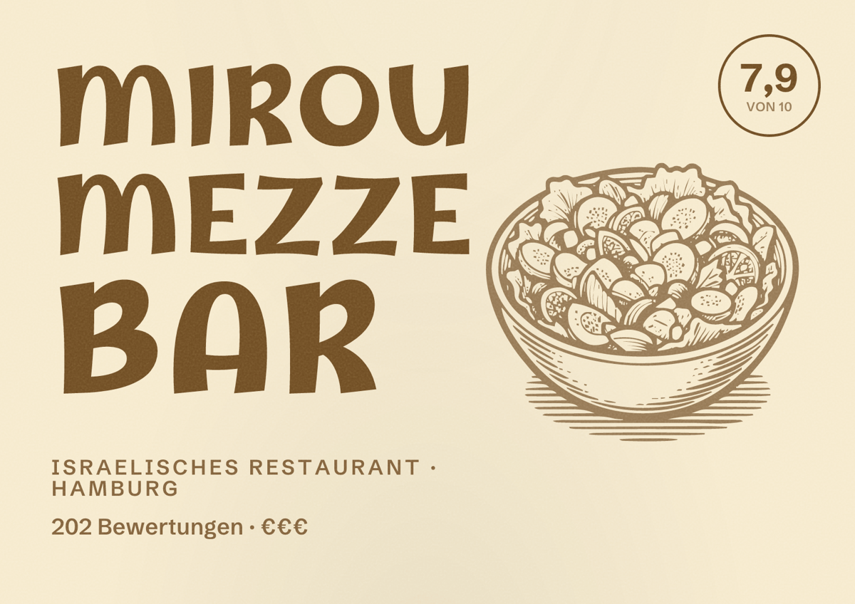 Illustriertes Poster von MIROU Mezze Bar, Israelisches Restaurant in Hamburg: Bewertung 7,9 von 10 aus 202 Bewertungen, Preisniveau €€€
