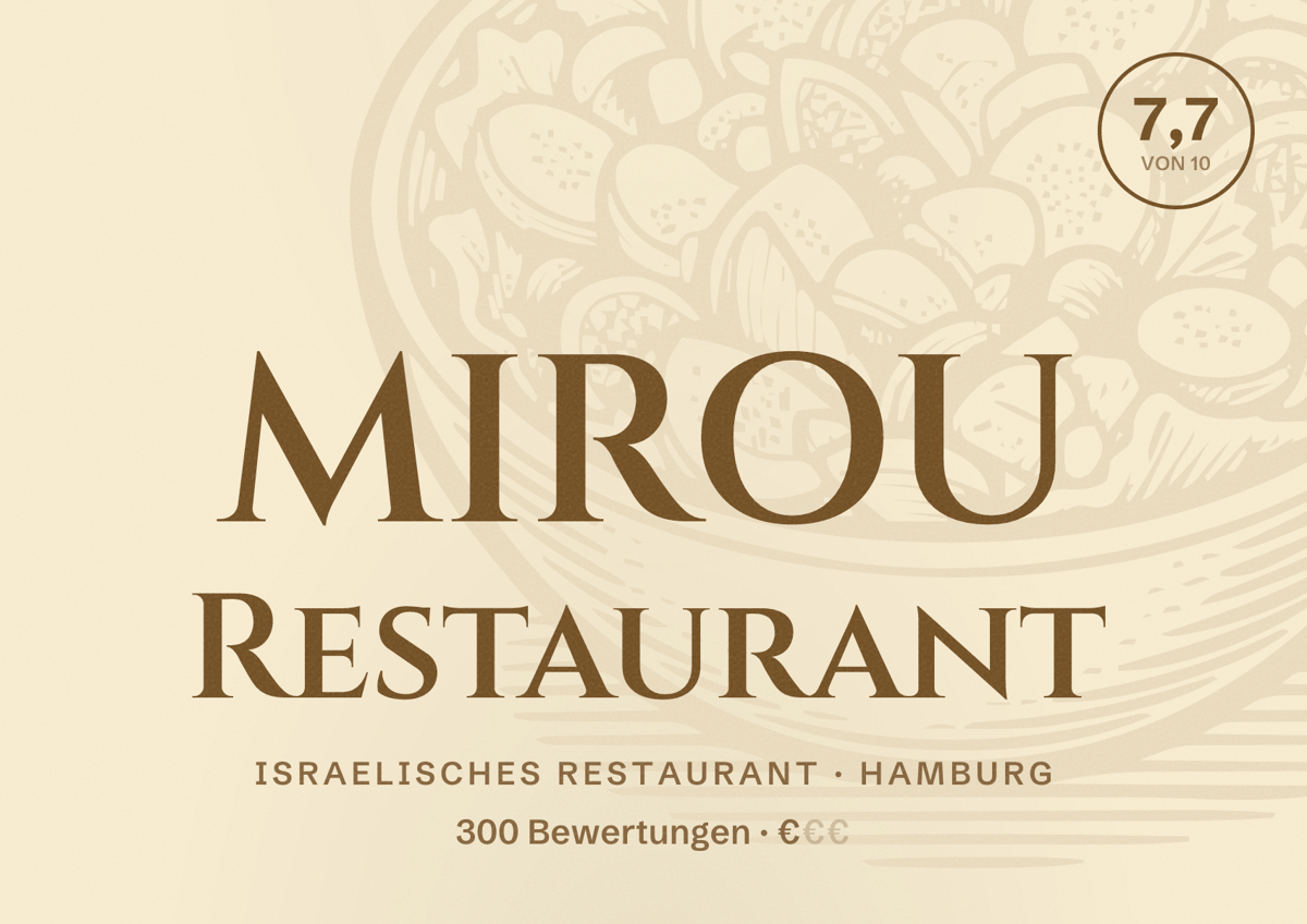 Illustriertes Poster von MIROU Restaurant, Israelisches Restaurant in Hamburg: Bewertung 7,7 von 10 aus 300 Bewertungen, Preisniveau €