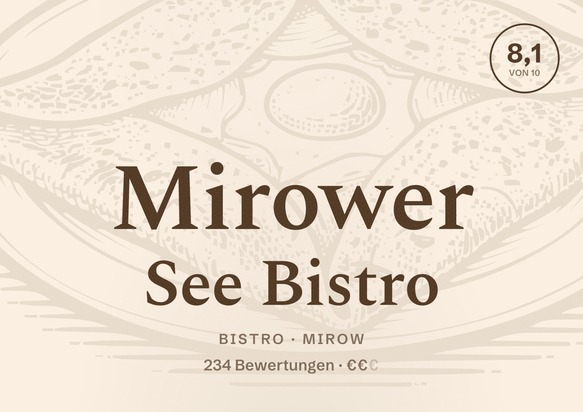 Illustriertes Poster von Mirower See Bistro, Bistro in Mirow: Bewertung 8,1 von 10 aus 234 Bewertungen, Preisniveau €€
