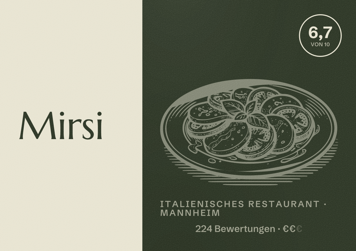 Illustriertes Poster von Mirsi, Italienisches Restaurant in Mannheim: Bewertung 6,7 von 10 aus 224 Bewertungen, Preisniveau €€