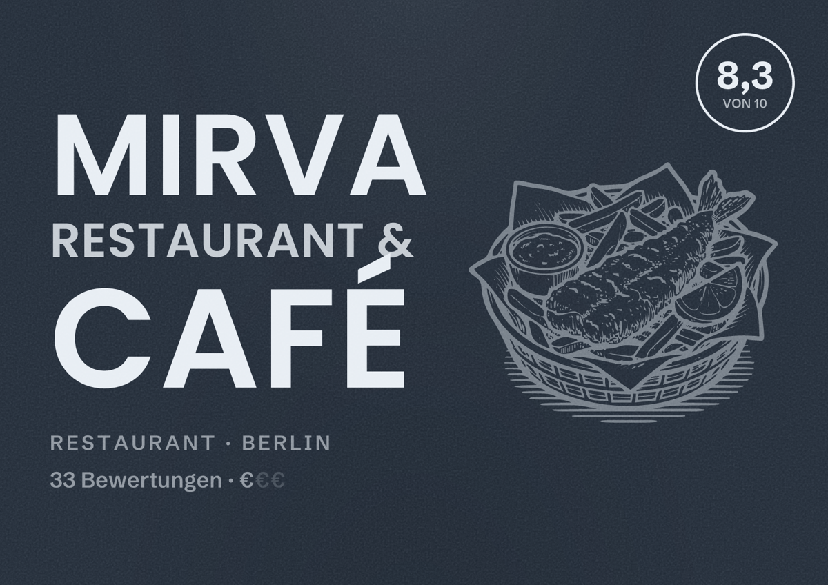 Illustriertes Poster von Mirva Restaurant & Café, Restaurant in Berlin: Bewertung 8,3 von 10 aus 33 Bewertungen, Preisniveau €