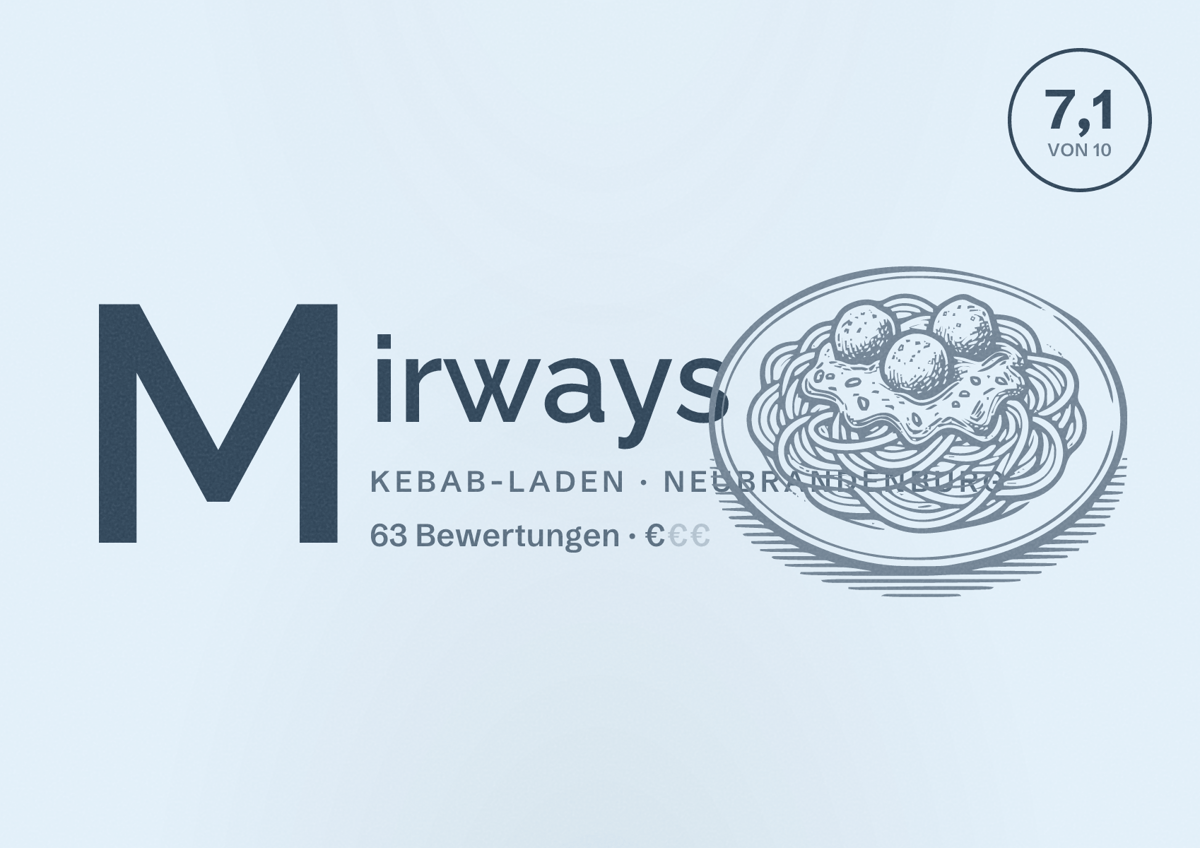 Illustriertes Poster von Mirways, Kebab-Laden in Neubrandenburg: Bewertung 7,1 von 10 aus 63 Bewertungen, Preisniveau €