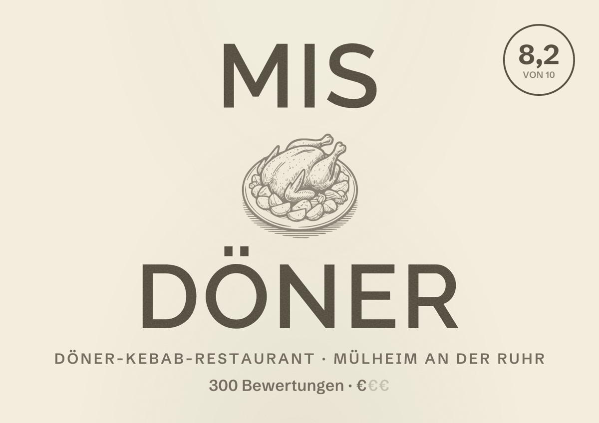 Illustriertes Poster von mis Döner, Döner-Kebab-Restaurant in Mülheim an der Ruhr: Bewertung 8,2 von 10 aus 300 Bewertungen, Preisniveau €