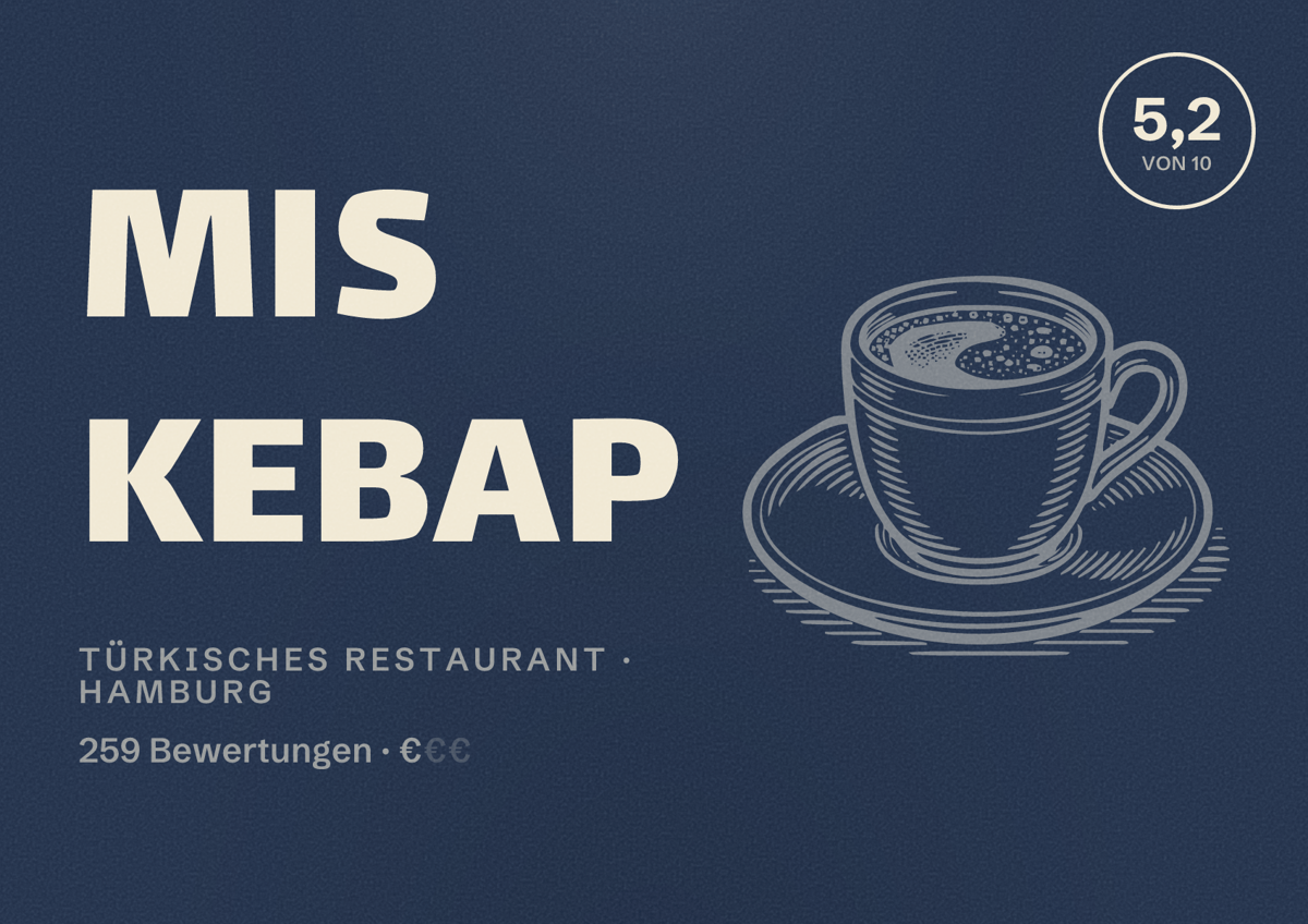 Illustriertes Poster von Mis Kebap, Türkisches Restaurant in Hamburg: Bewertung 5,2 von 10 aus 259 Bewertungen, Preisniveau €