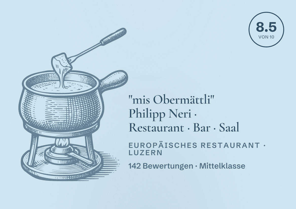 Illustriertes Poster von "mis Obermättli" Philipp Neri · Restaurant · Bar · Saal, Europäisches Restaurant in Luzern: Bewertung 8.5 von 10 aus 142 Bewertungen, Preisniveau Mittelklasse