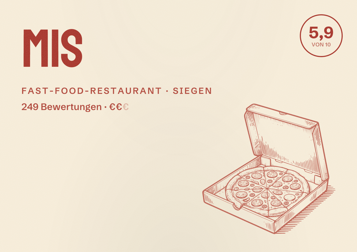 Illustriertes Poster von Mis, Fast-Food-Restaurant in Siegen: Bewertung 5,9 von 10 aus 249 Bewertungen, Preisniveau €€