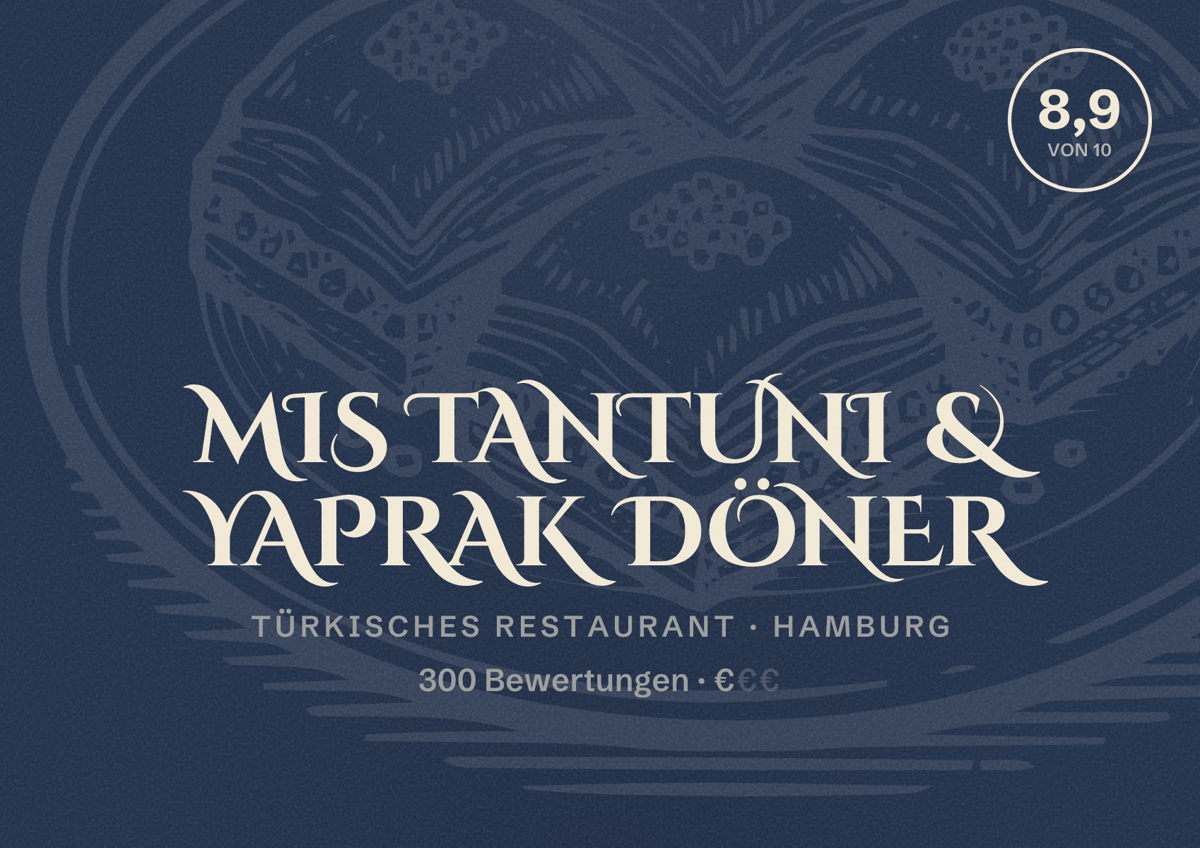 Illustriertes Poster von Mis Tantuni & Yaprak Döner, Türkisches Restaurant in Hamburg: Bewertung 8,9 von 10 aus 300 Bewertungen, Preisniveau €