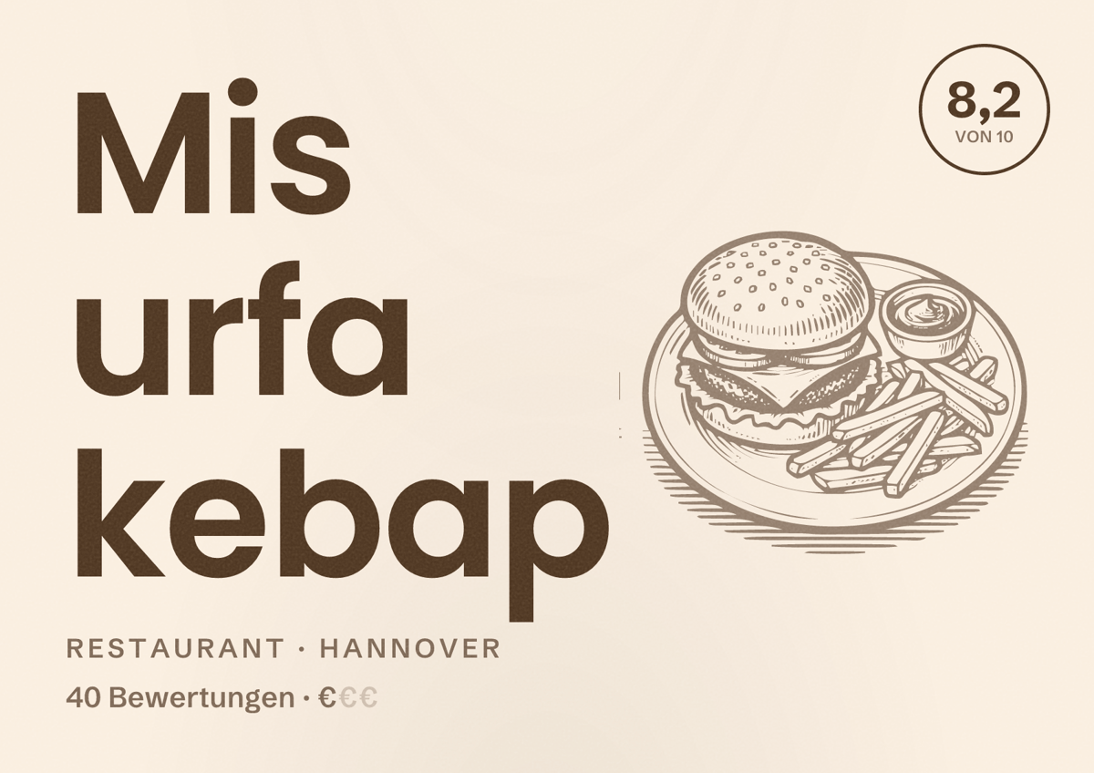 Illustriertes Poster von Mis urfa kebap, Restaurant in Hannover: Bewertung 8,2 von 10 aus 40 Bewertungen, Preisniveau €