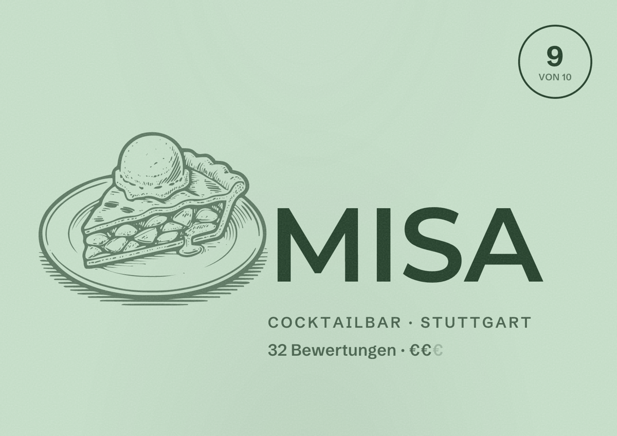Illustriertes Poster von MISA, Cocktailbar in Stuttgart: Bewertung 9 von 10 aus 32 Bewertungen, Preisniveau €€