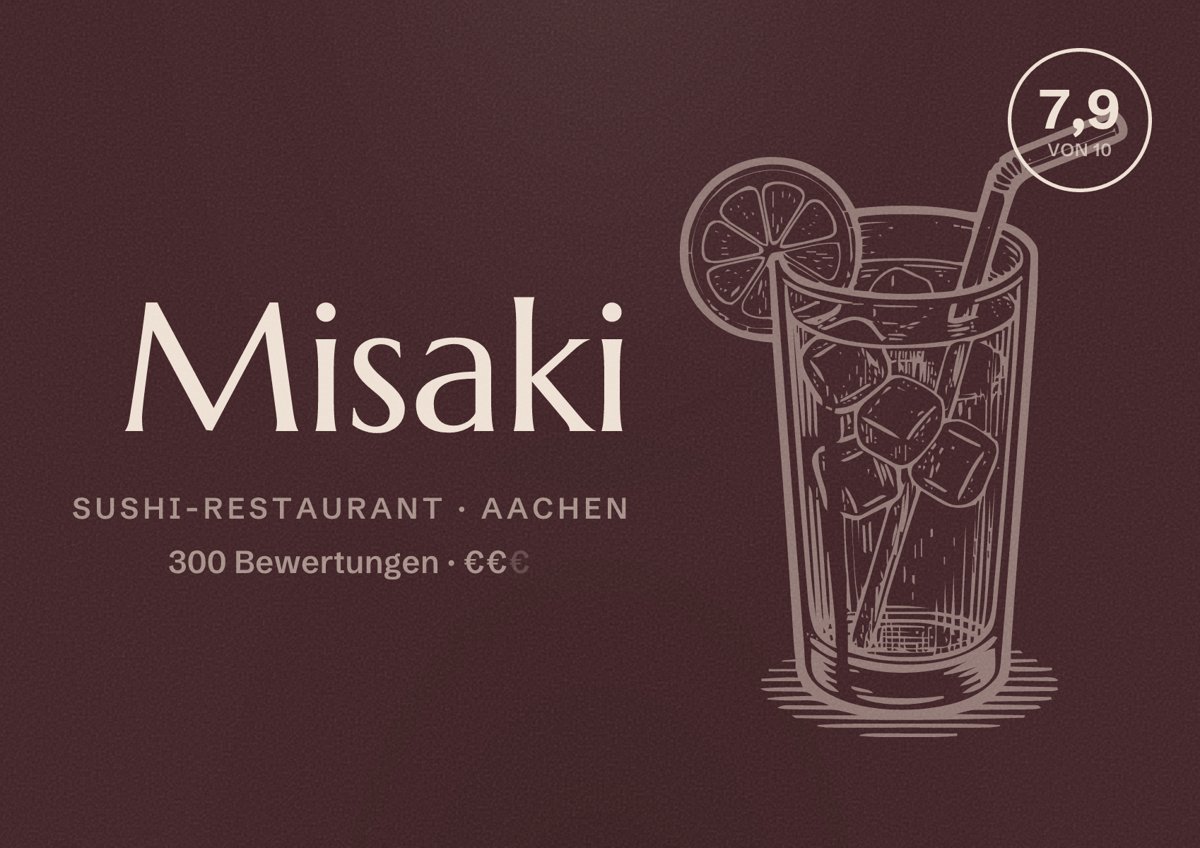 Illustriertes Poster von Misaki, Sushi-Restaurant in Aachen: Bewertung 7,9 von 10 aus 300 Bewertungen, Preisniveau €€